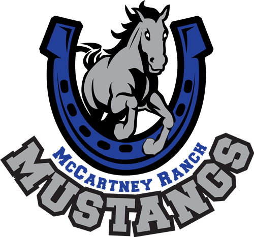McCartney Ranch Mustangs logo Mustangs jumping through horseshoe